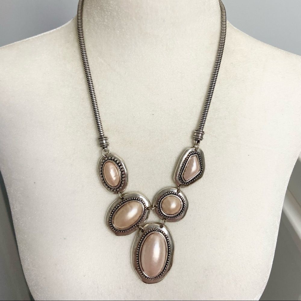 Silver tone faux pearl oval statement cord necklace